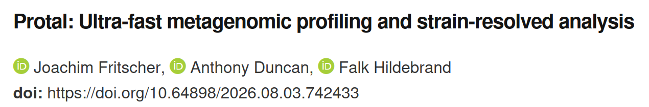 Protal: Ultra-fast metagenomic profiling and strain-resolved analysis. Joachim Fritscher, Anthony Duncan, Falk Hildebrand. doi: https://doi.org/10.64898/2026.08.03.742433